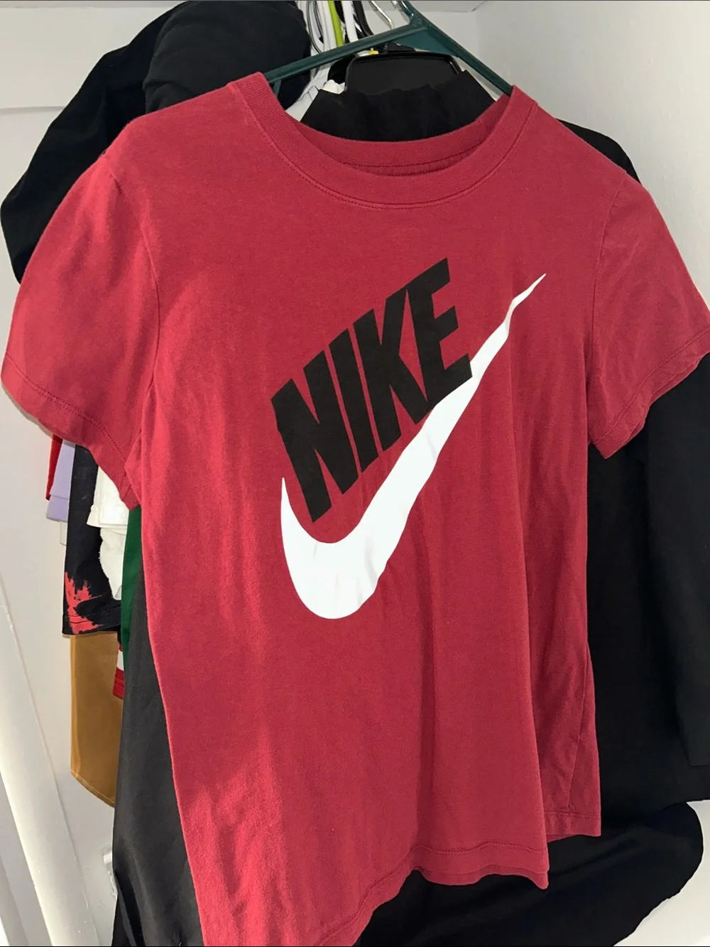 Nike Red Kids Short-Sleeve Tee with Black Logo and White Swoosh